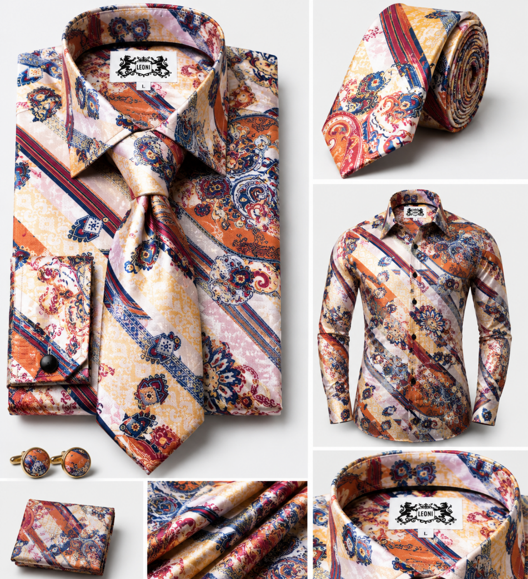 Oceanic Multicolor Amber and Silver Surf Driftwood Microfiber French Cuff Shirt Set