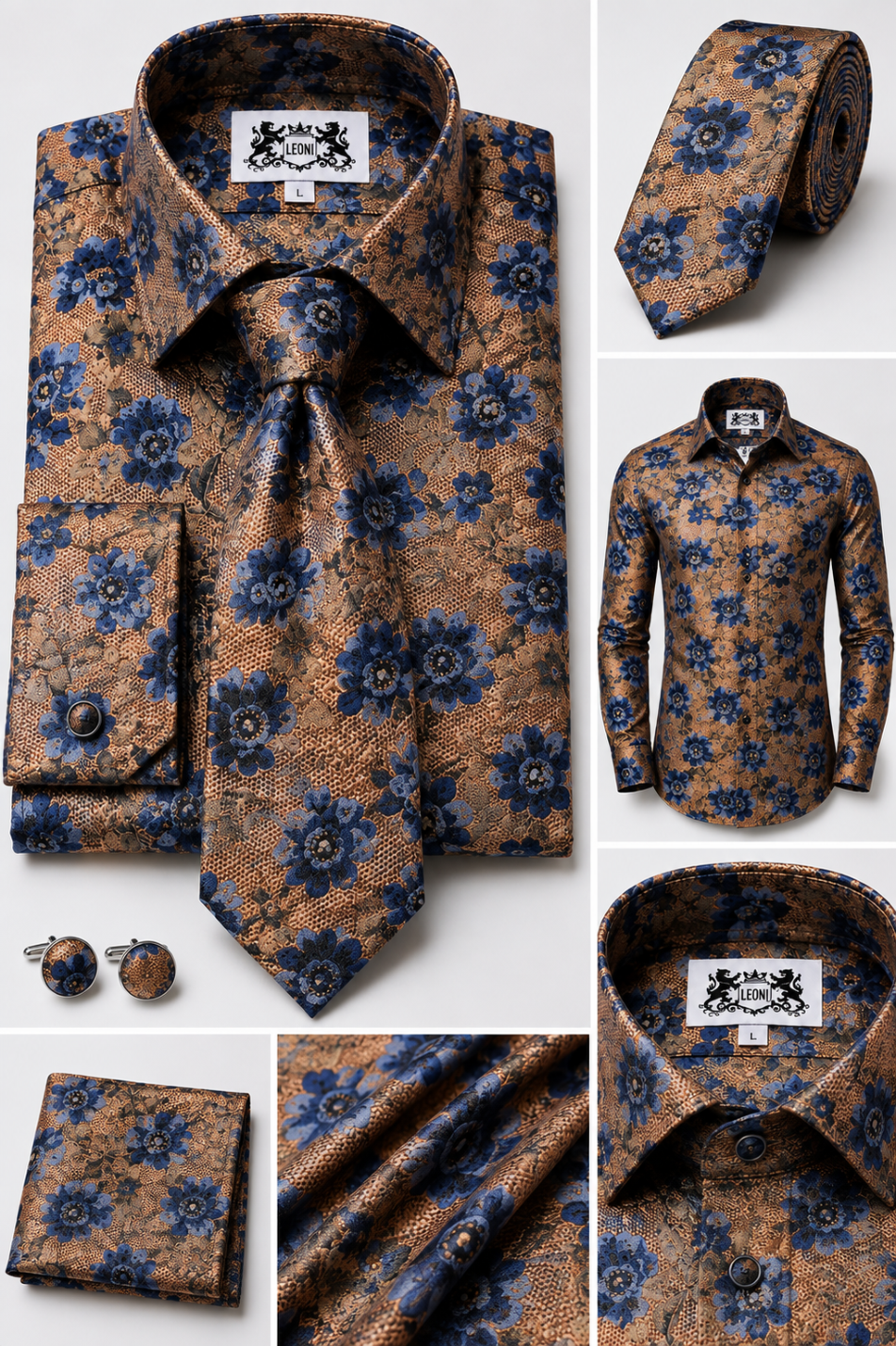 Oceanic Navy Blue Sea Shells on Wet Sea Clay Microfiber French Cuff Shirt Set