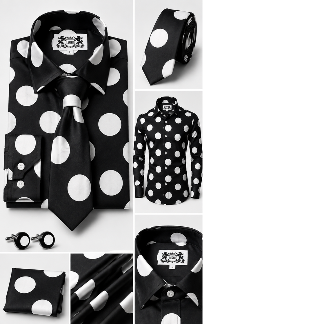 Oceanic Midnight Killer Whale and White Polkadot Microfiber French Cuff Shirt Set