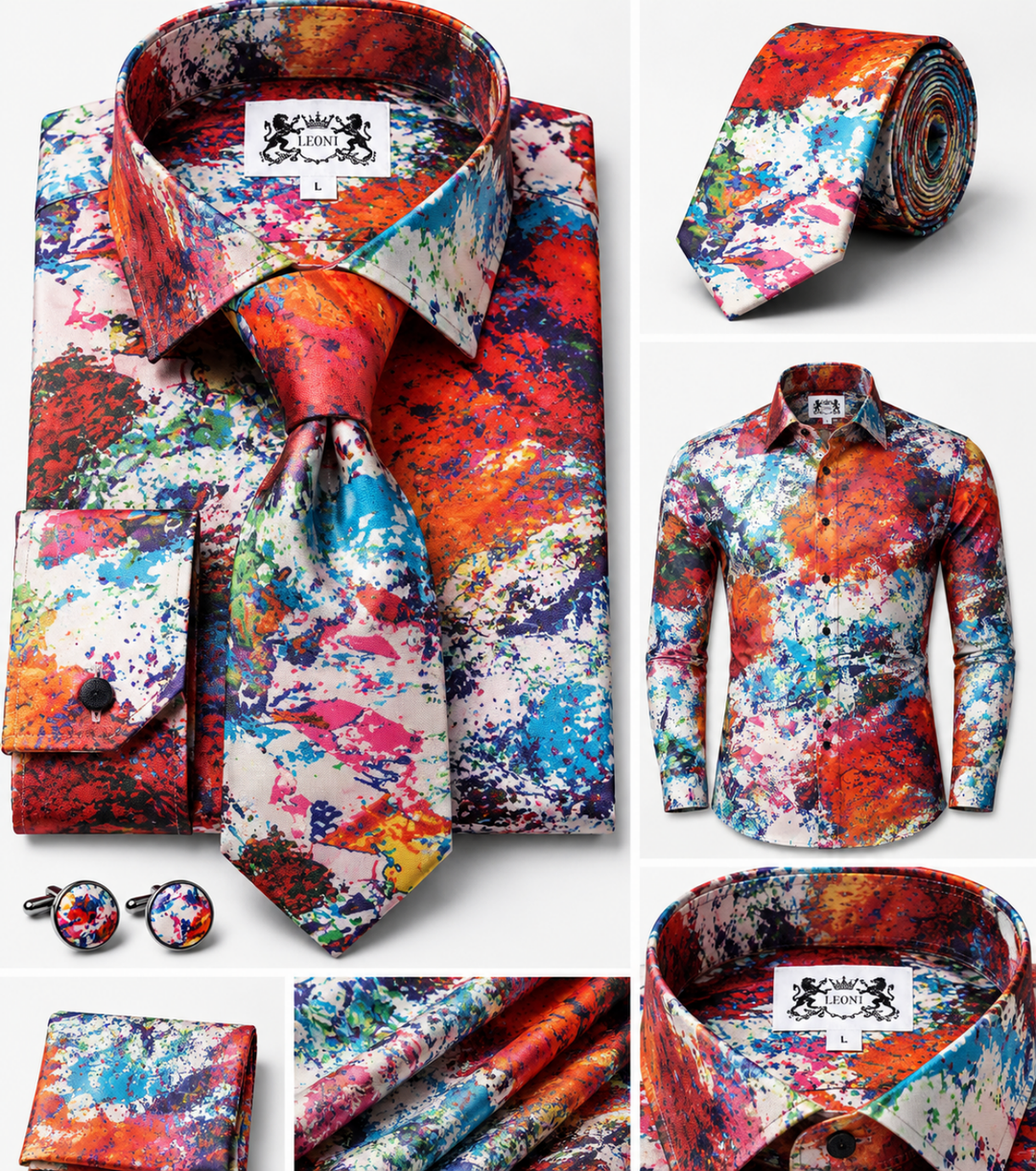 Oceanic Multicolor Burnt-Orange and Turquoise Microfiber French Cuff Shirt Set