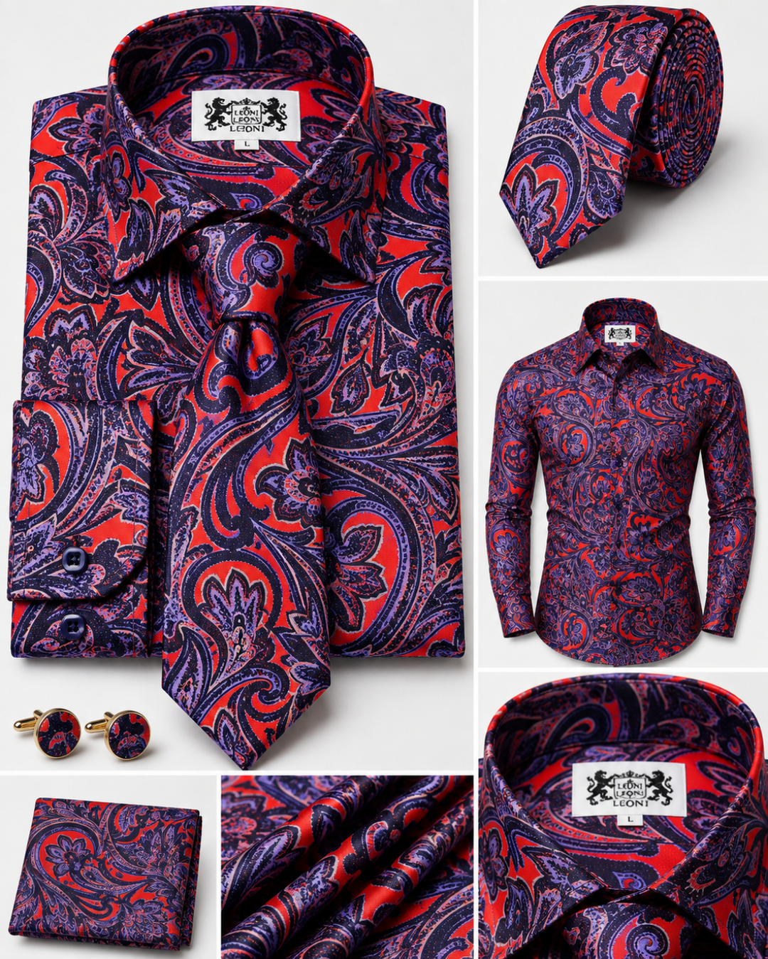 Oceanic Crimson Reef Floral Paisley Microfiber French Cuff Shirt Set