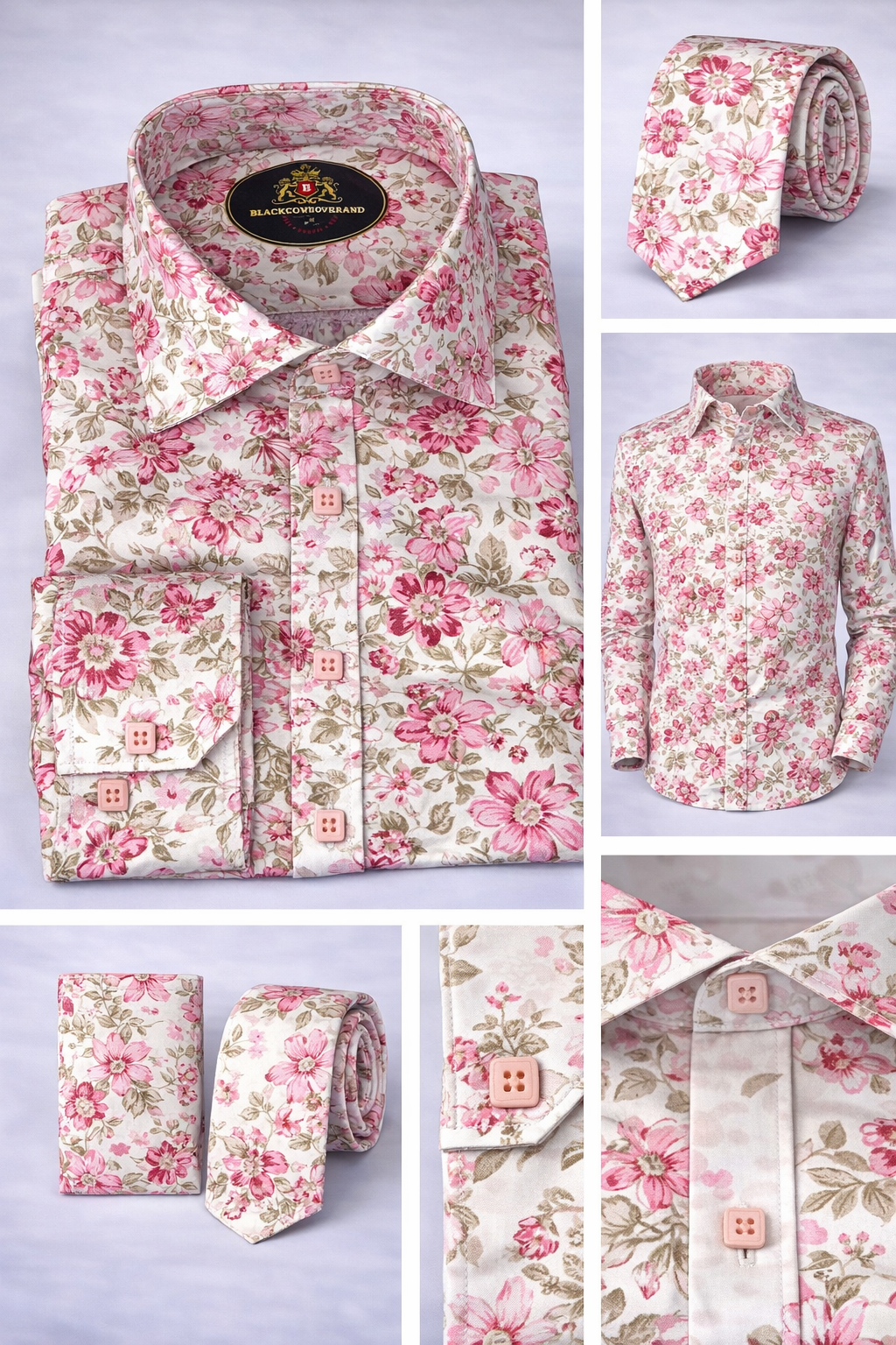 BlackCowboyBrand Men’s Rose Coral Blooms Pure Cotton Dress Shirt Set