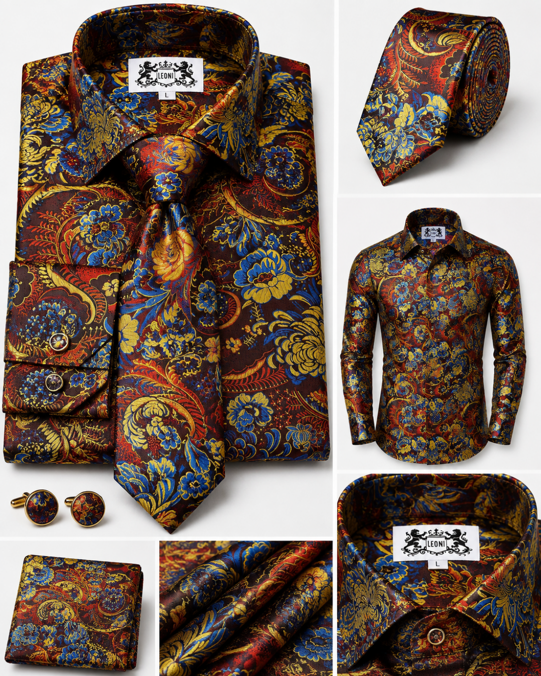Oceanic Autumn Reef Floral Paisley Microfiber French Cuff Shirt Set
