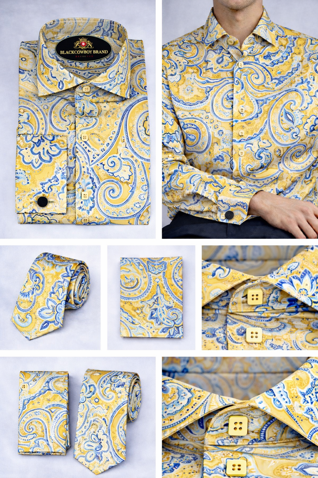 BlackCowboyBrand Men’s Golden Paisley Waves Pure Cotton Dress Shirt Set