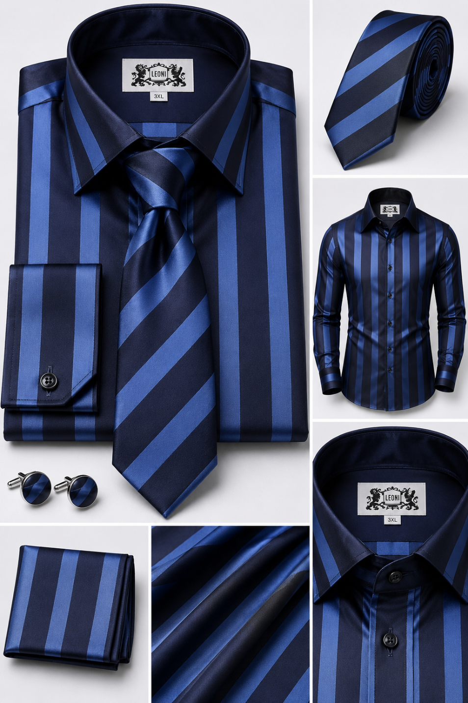 Oceanic Midnight Navy and Blue Horizon Stripe Microfiber French Cuff Shirt Set