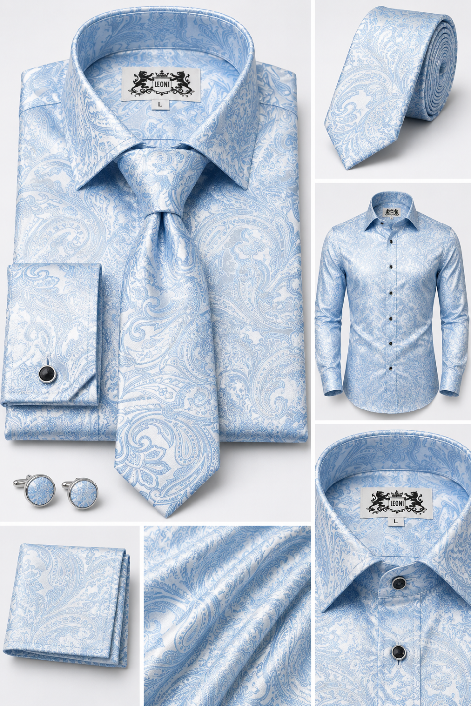Oceanic Powder Blue Paisley Microfiber French Cuff Shirt Set