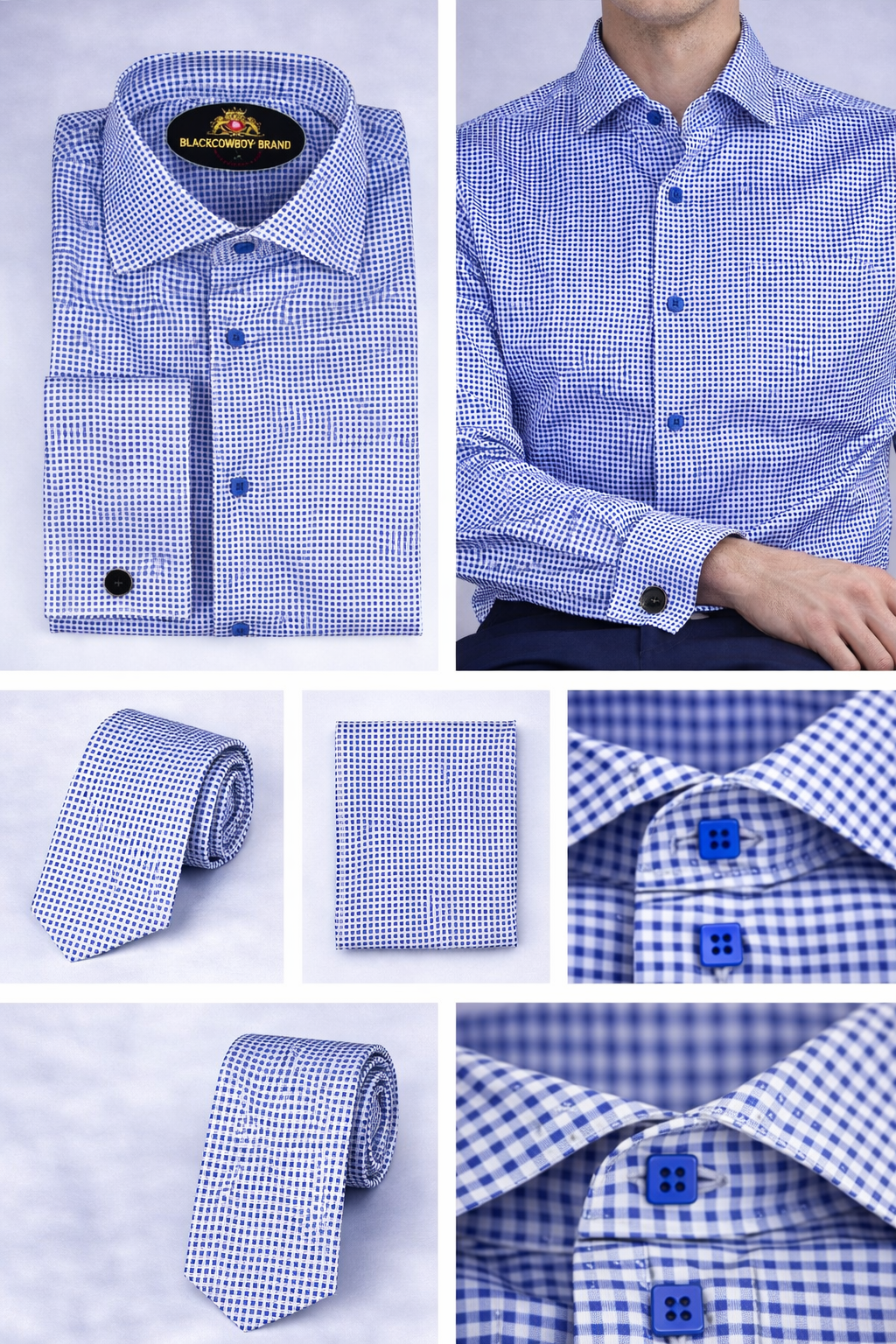 BlackCowboyBrand Men’s Sapphire Tide Textured Mesh Microfiber French Cuff Dress Shirt Set