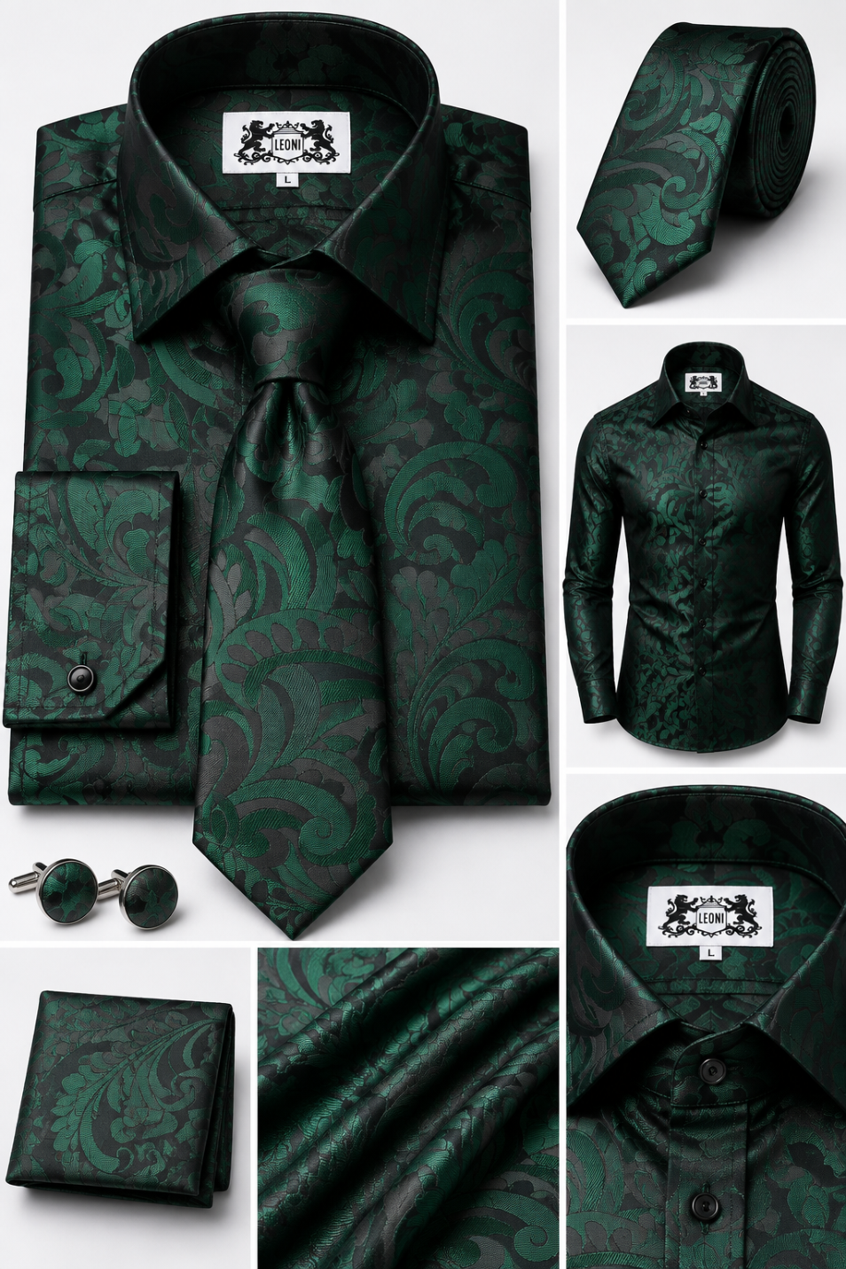 Oceanic Verdant Green Algae Paisley Microfiber French Cuff Shirt Set