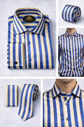 BlackCowboyBrand Men’s Royal Tide and Light Color Sand Bar Ribbed Microfiber French Cuff Dress Shirt Set