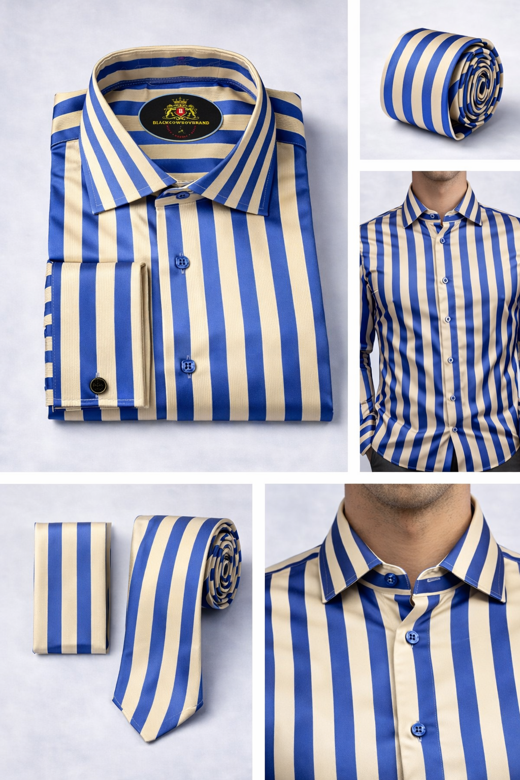 BlackCowboyBrand Men’s Royal Tide and Light Color Sand Bar Ribbed Microfiber French Cuff Dress Shirt Set