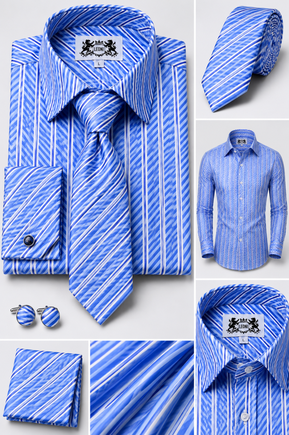 Oceanic Blue Sky Horizon Striped Microfiber French Cuff Shirt Set