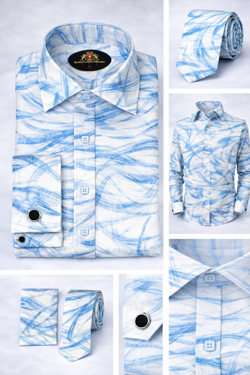 BlackCowboyBrand Men’s Blue Sky Ocean Waves Silky Microfiber Dress Shirt Set