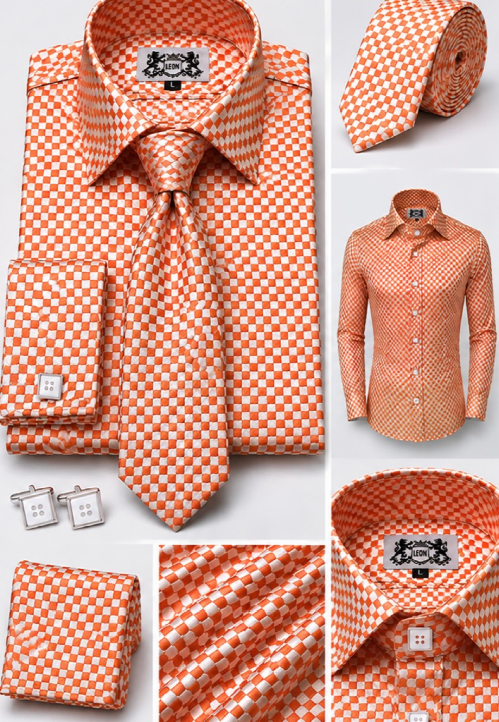 Oceanic Orange Starfish Squares Microfiber French Cuff Shirt Set