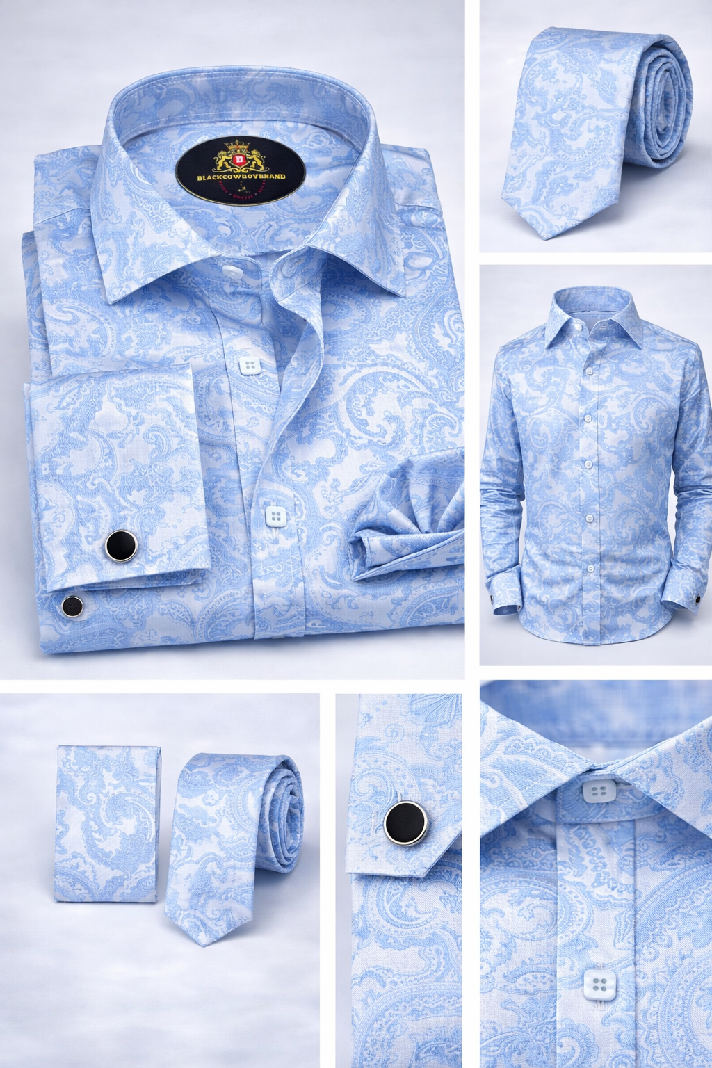 BlackCowboyBrand Men’s Baby Blue Shells Strong Jacquard Microfiber French Cuff Dress Shirt Set
