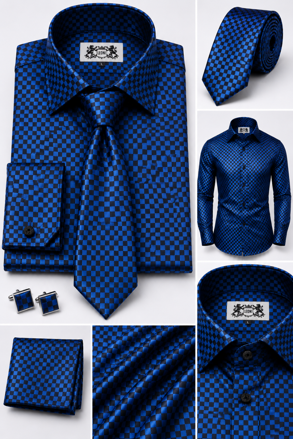 Oceanic Royal and Black Seahorse Squares Microfiber French Cuff Shirt Set