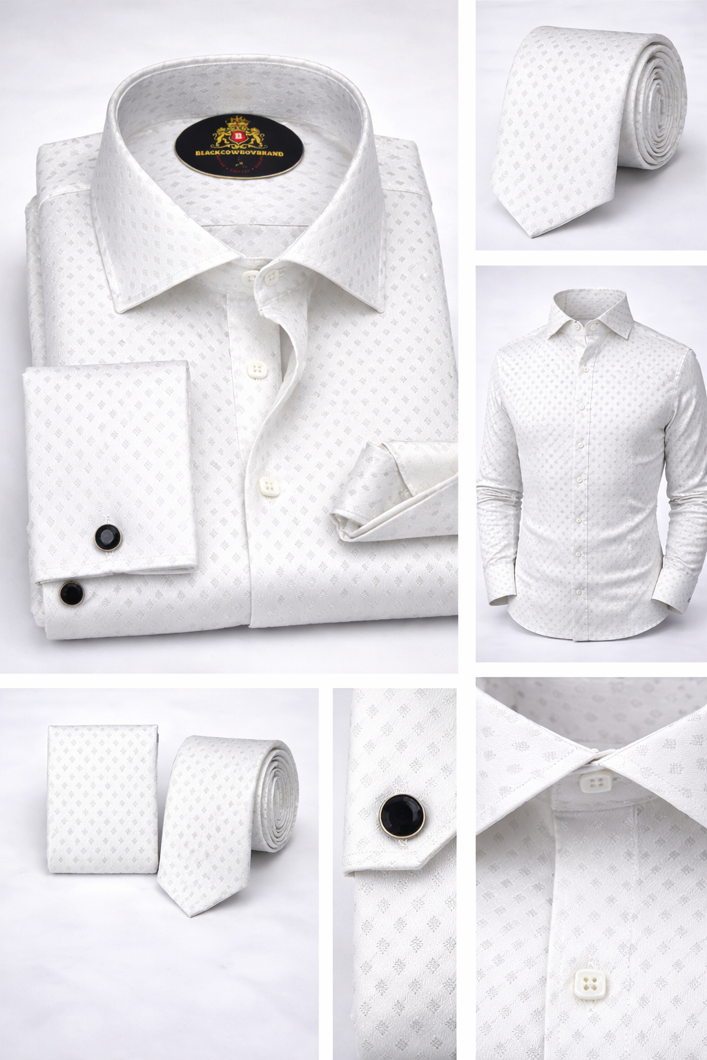 BlackCowboyBrand Men’s Pure White Diamond Snow Flakes Textured Microfiber French Cuff Dress Shirt Set