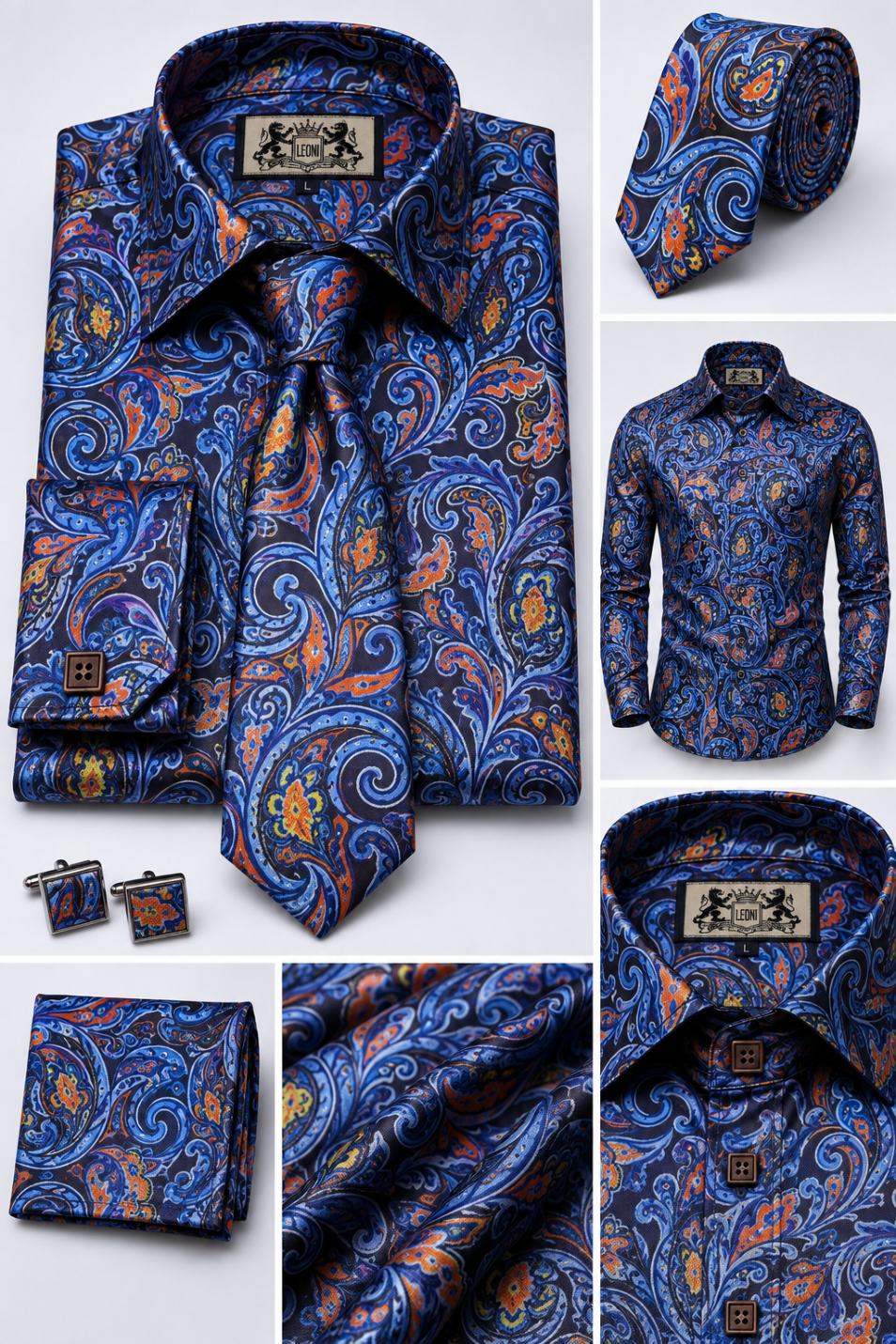 Oceanic Blue and Rust Seaweed Paisley Microfiber French Cuff Shirt Set