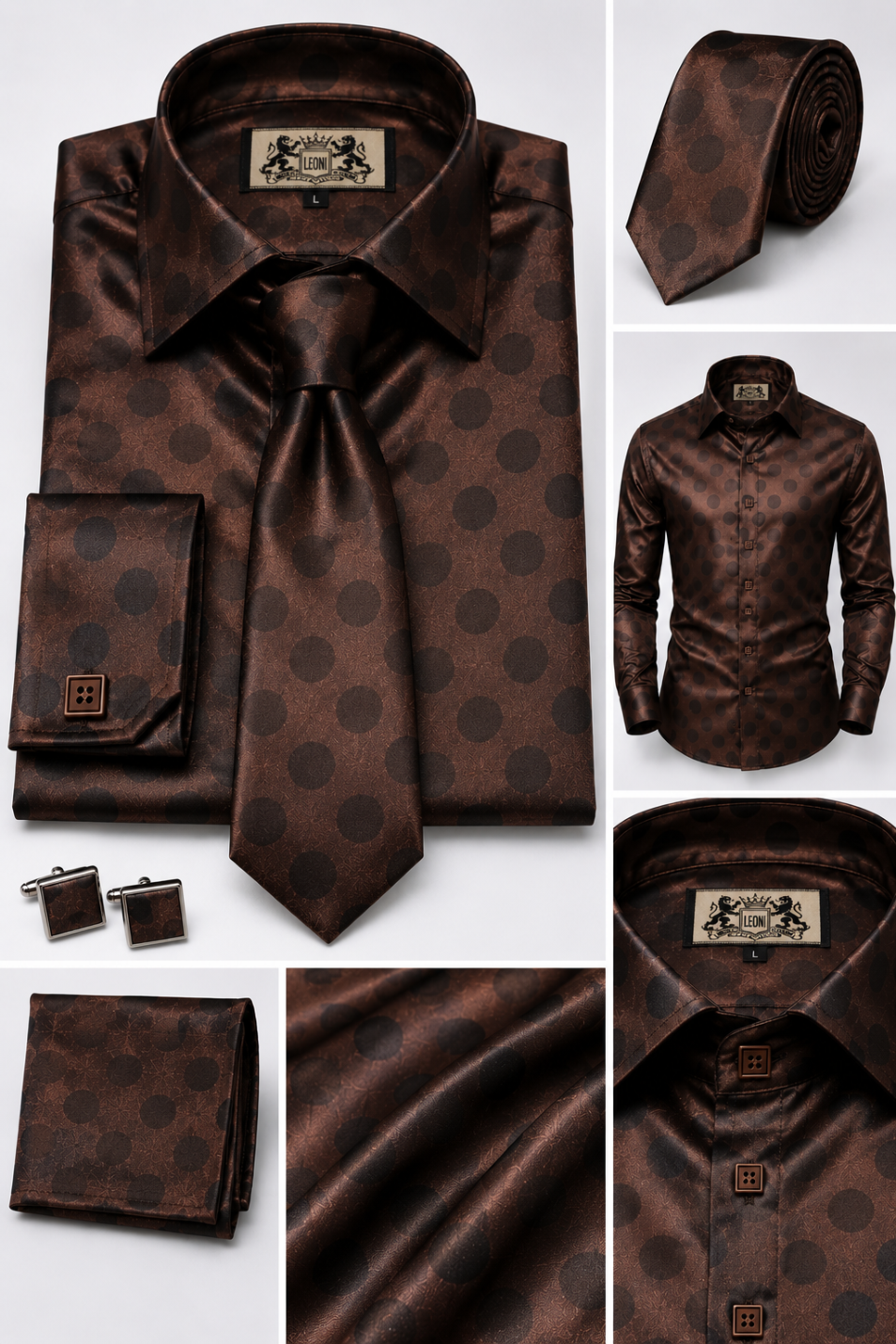 Oceanic Chocolate Algae Polkadots Microfiber French Cuff Shirt Set