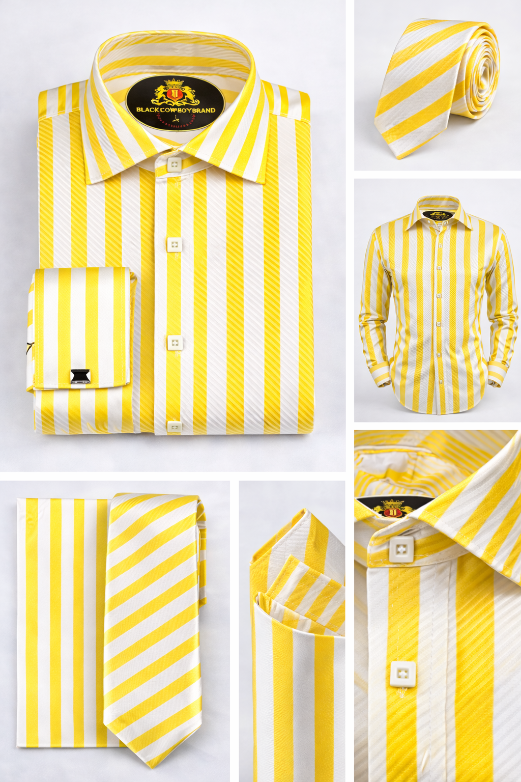 BlackCowboyBrand Men’s Sunny Side Yellow Ribbed Microfiber French Cuff Dress Shirt Set