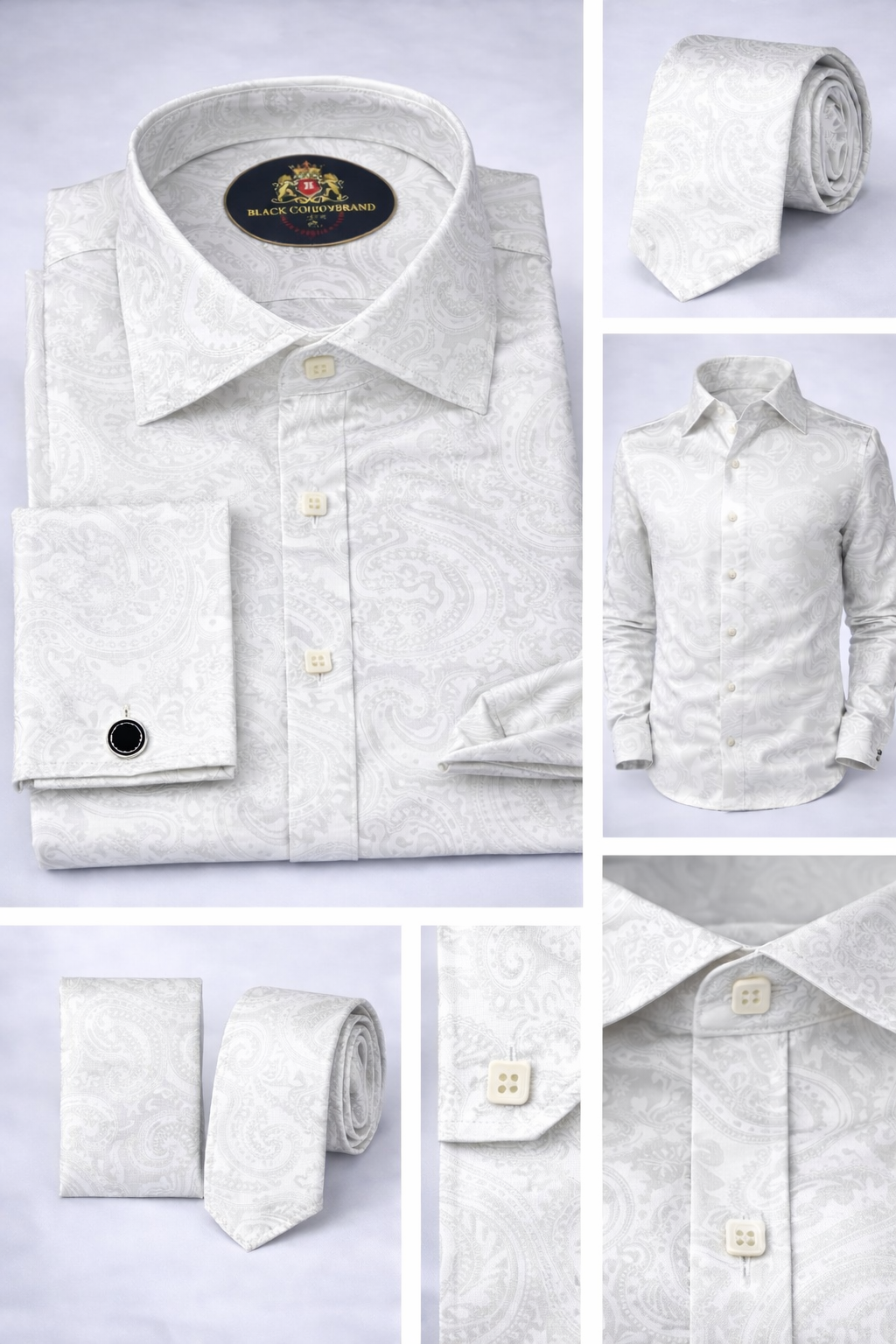 BlackCowboyBrand Men’s Pure White Paisley Surf Wave Strong Jacquard Microfiber French Cuff Dress Shirt Set