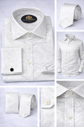 BlackCowboyBrand Men’s Pure White Paisley Surf Wave Strong Jacquard Microfiber French Cuff Dress Shirt Set