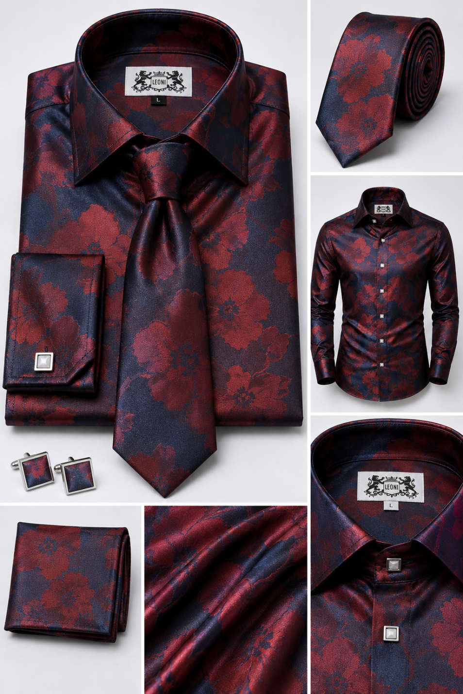 Oceanic Ruby and Navy Algae Microfiber French Cuff Shirt Set