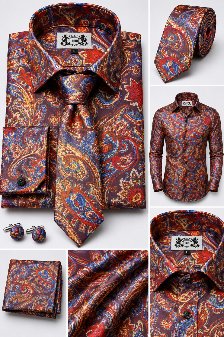 Oceanic Rust Orange and Blue Seahorse Paisley Microfiber French Cuff Shirt Set