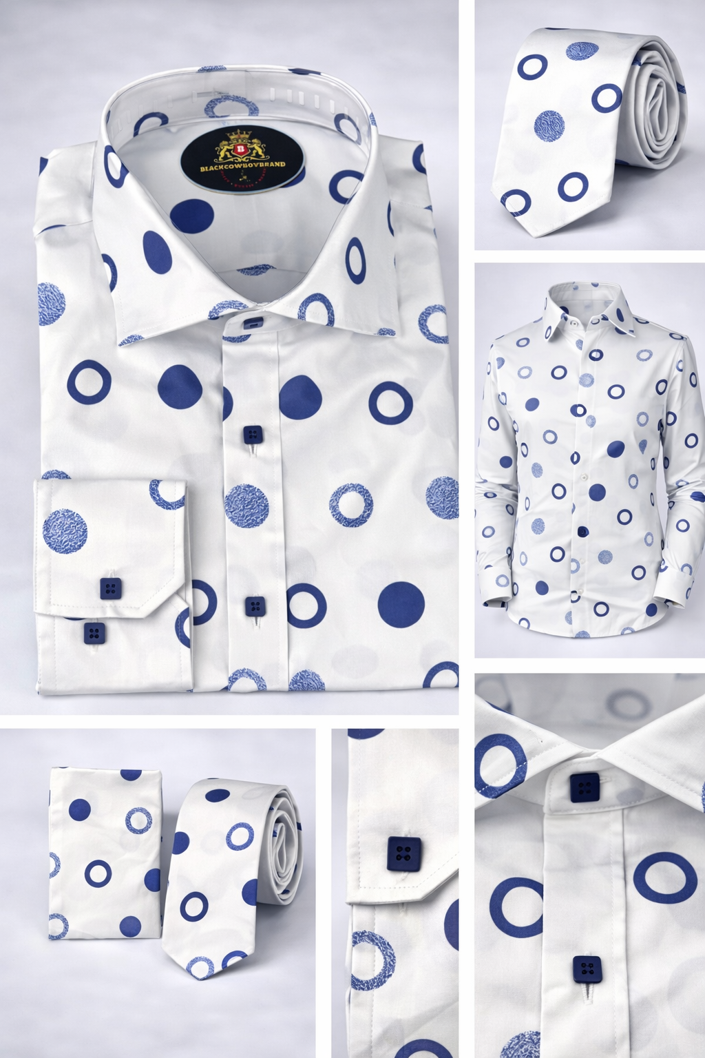 BlackCowboyBrand Men’s Floating Blue Jellyfish Polka Dots Lightweight Cotton Dress Shirt Set