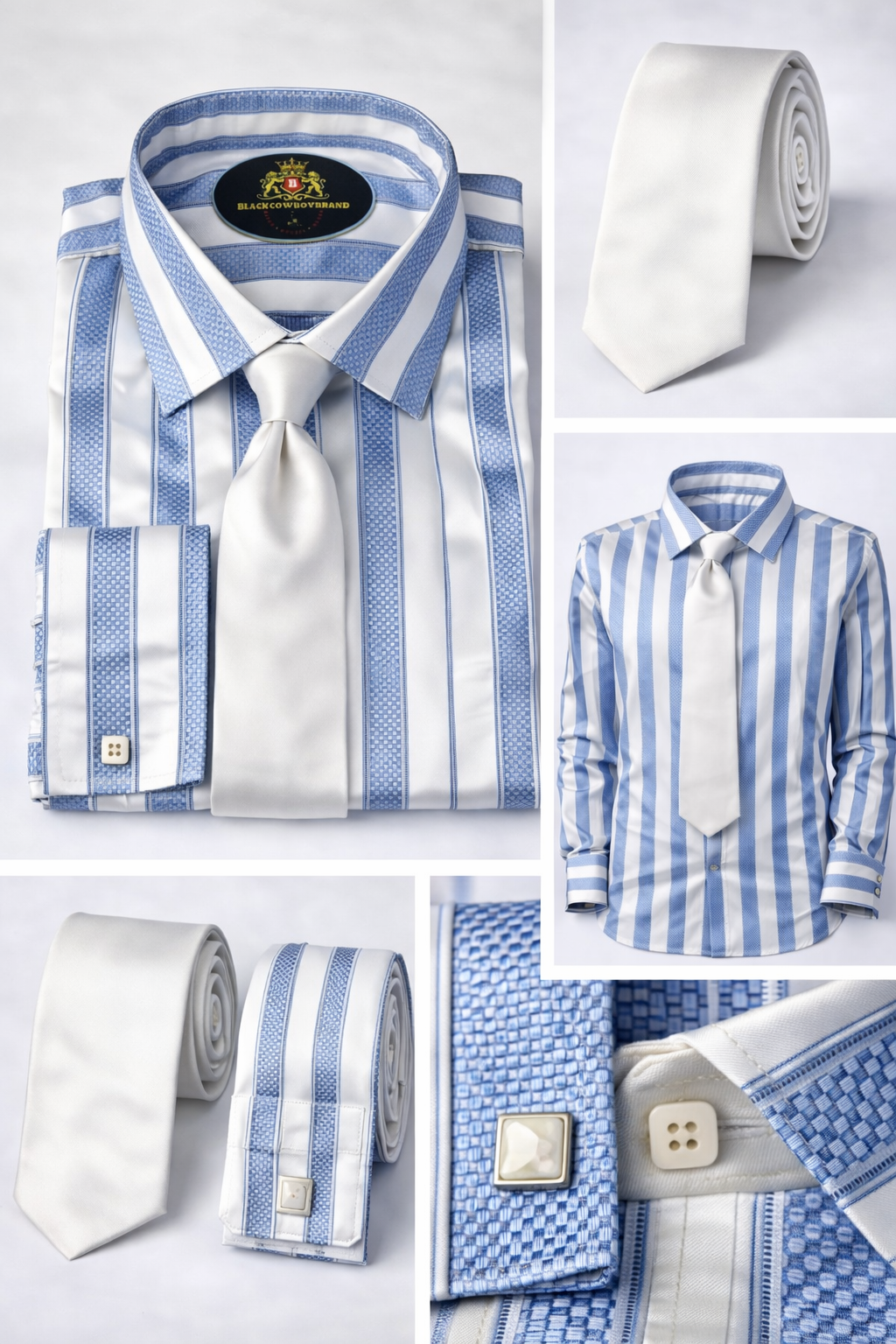 BlackCowboyBrand Men’s Baby Blue and White Surf Bar Ribbed Microfiber French Cuff Dress Shirt Set