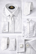 BlackCowboyBrand Men’s Pure White Plain Stripe and Texture Strong Microfiber French Cuff Dress Shirt Set