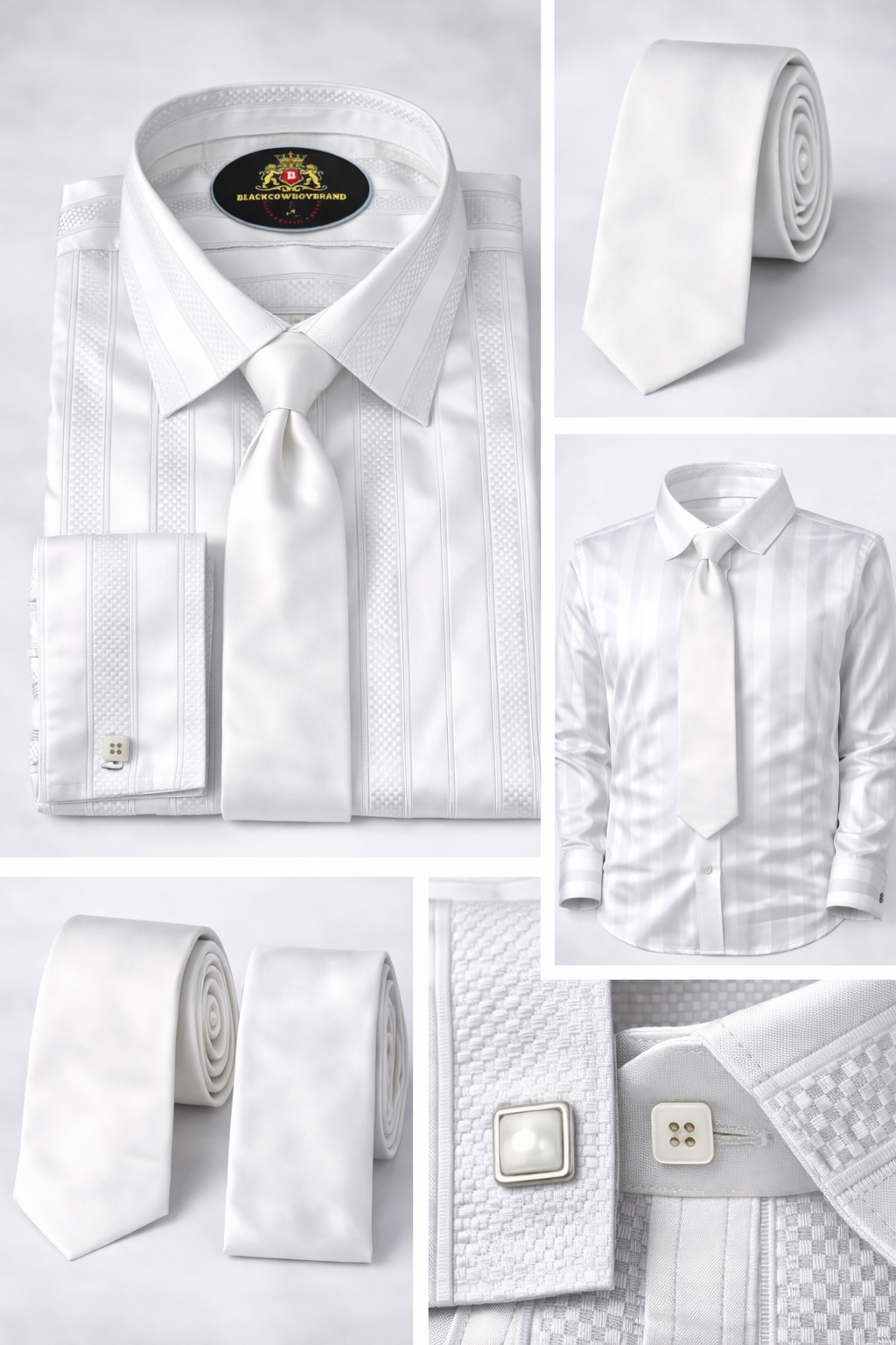 BlackCowboyBrand Men’s Pure White Plain Stripe and Texture Strong Microfiber French Cuff Dress Shirt Set