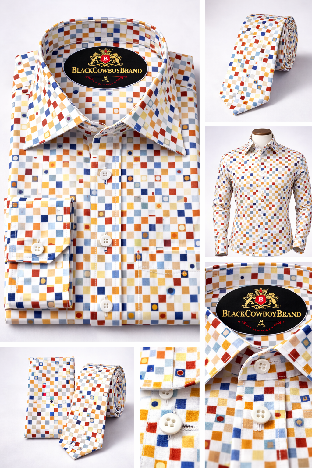 BlackCowboyBrand Men’s Happy Squares Multi-Color Pure Cotton Dress Shirt Set