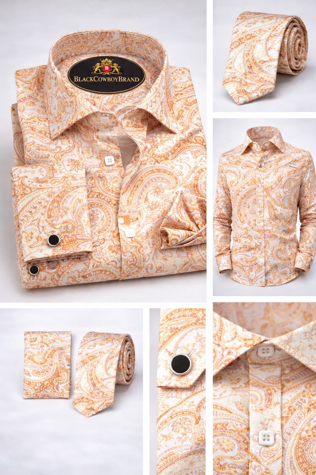 BlackCowboyBrand Men’s Amber Sunset Paisley Waves Silky Microfiber Dress Shirt Set