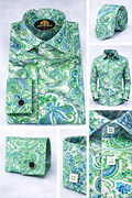 BlackCowboyBrand Men’s Green Paisley Waves Pure Cotton Dress Shirt Set