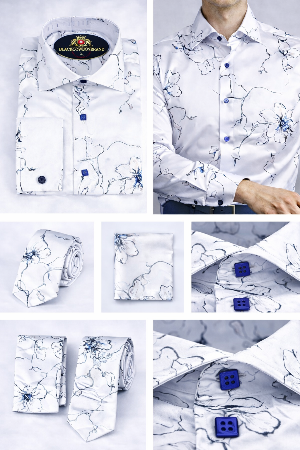 BlackCowboyBrand Men’s Cracked Ice-shelf White Silky Microfiber Dress Shirt Set