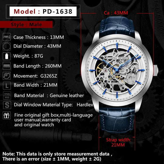 PAGANI DESIGN Business Man Watch Luxury Skeleton Hollow Leather Men&