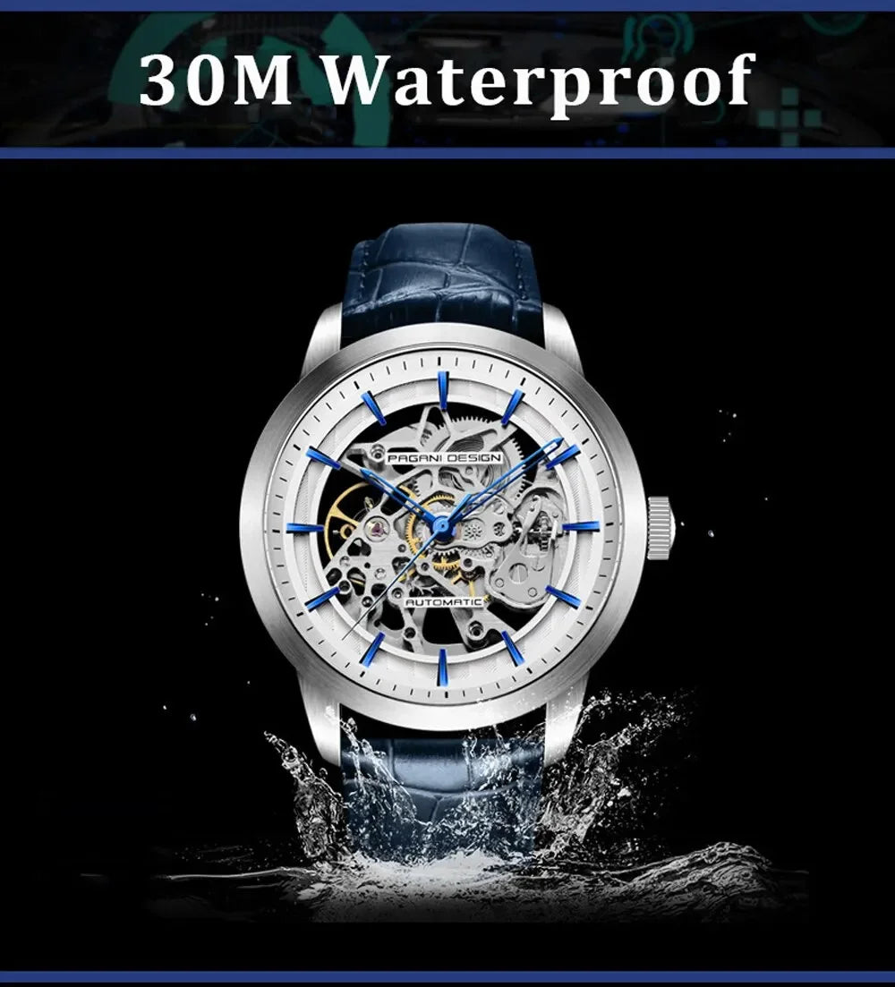 PAGANI DESIGN Business Man Watch Luxury Skeleton Hollow Leather Men&