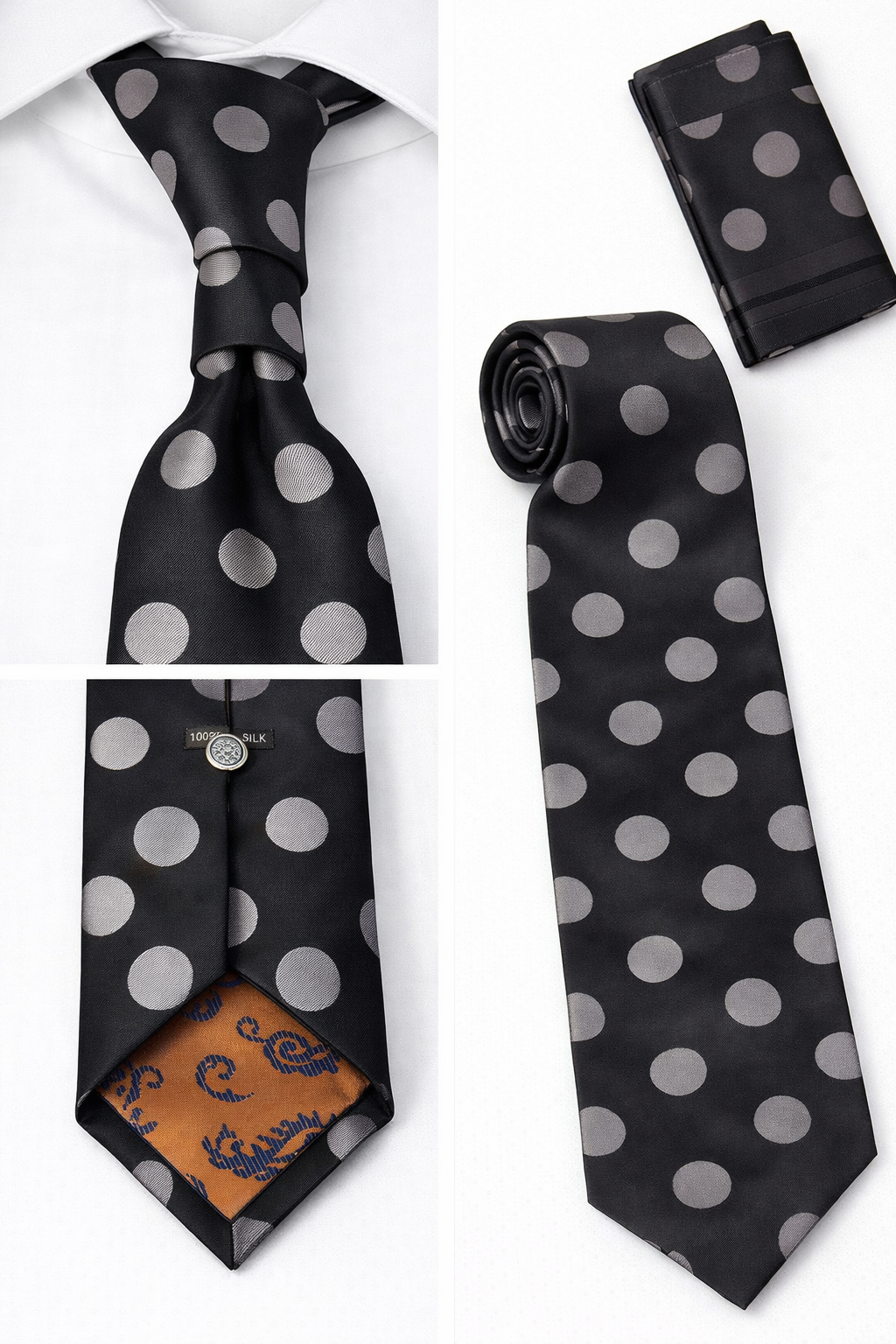 BlackCowboyBrand Premium Microfibre Black with Large Silver Polka Dots Tie Set