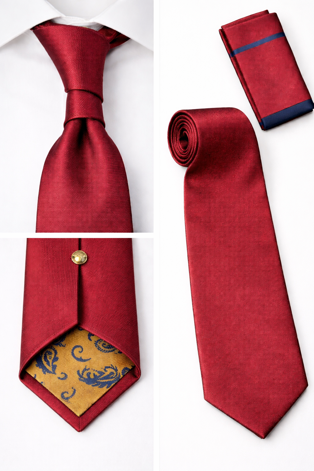 BlackCowboyBrand Premium Microfibre Plain Crimson  with Navy Blue line Tie Set