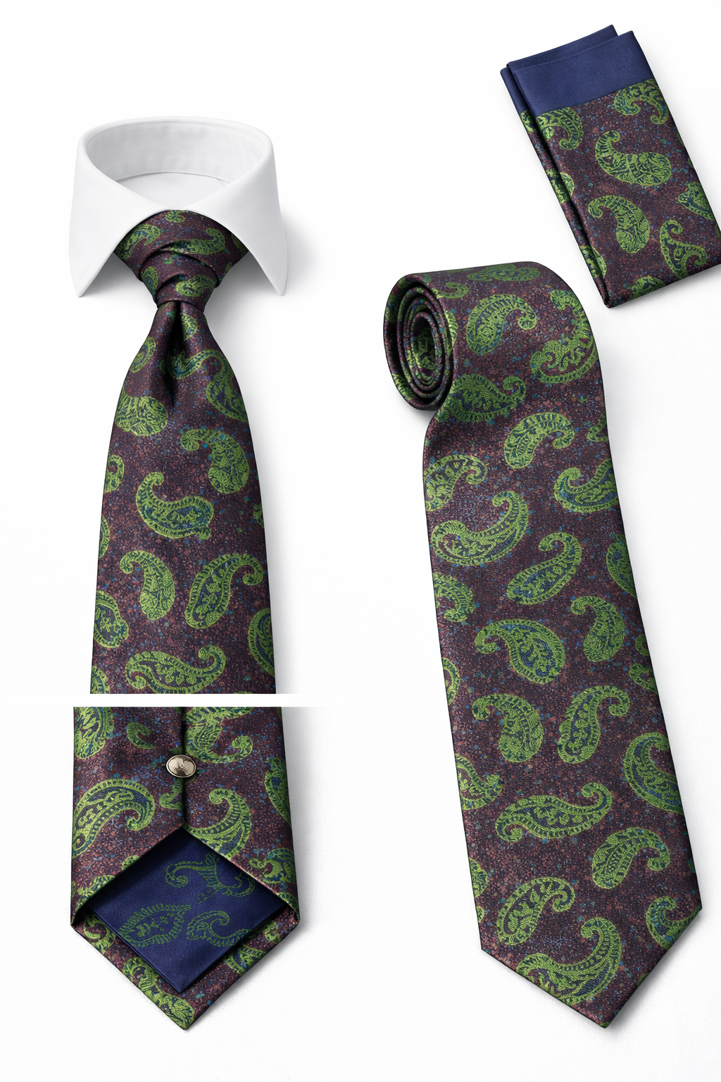 BlackCowboyBrand Premium Microfibre Rustic Brown with Green Paisley Pattern  Tie Set